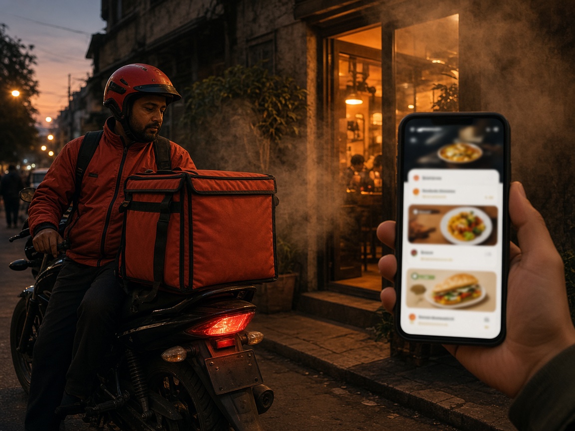 Just Food delivery rider outside a restaurant